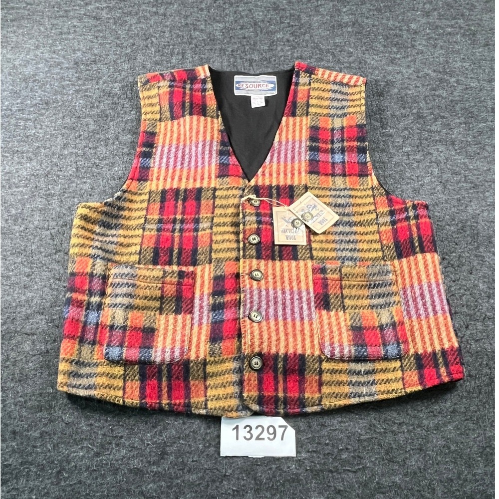 Resource Plaid Vest Mens XL Multi Color Excellent Vintage Recycled Wool Blend